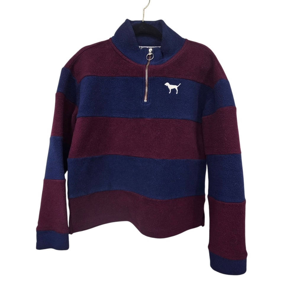 Victoria's Secret Pink Rugby StripeFleece Half Zip Pullover Womens MED Navy Wine